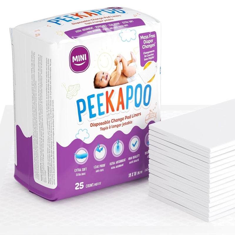 Peekapoo Mini – 25 Pack Disposable Changing Pads for Baby (18 Inches x 16 Inches) Disposable Waterproof Liners, Diaper Changing Pad Protector Mat - Image 1